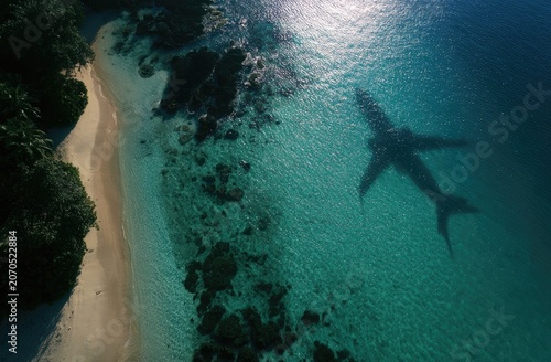 Aerial view of a submerged airplane hull in clear turquoise water near a tropical beach