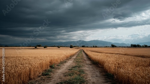 Dramatic Sky Over Rural Wheat Field Pathway.
