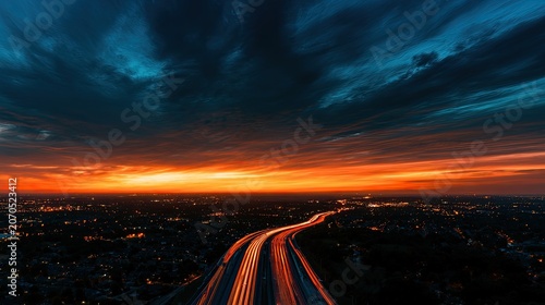 Fiery sunset streaks across a dark sky over a highway and city