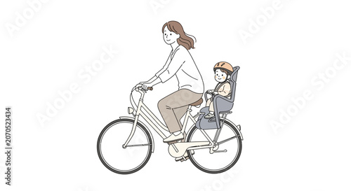 Woman riding bicycle with child seat.