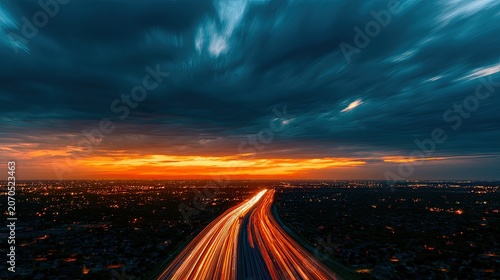 Streaking lights on a highway at dusk with dramatic clouds above