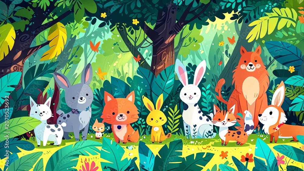 Fototapeta premium A vibrant illustration featuring various woodland animals, including foxes, rabbits, and dogs, surrounded by lush greenery and colorful foliage, capturing the essence of nature.