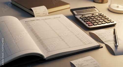 Open accounting journal ledger with calculator and receipts on a desk for financial record keeping