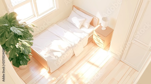 Sun-drenched single bed, minimalist room, natural light