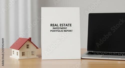 Real Estate Investment Portfolio Report Document on Desk with Laptop and Model House