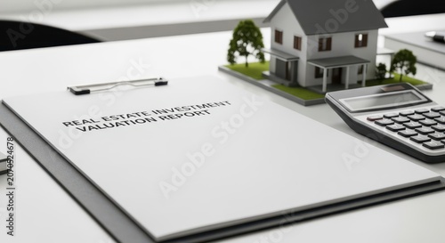Real Estate Investment Valuation Report with Miniature House Model and Calculator on Desk