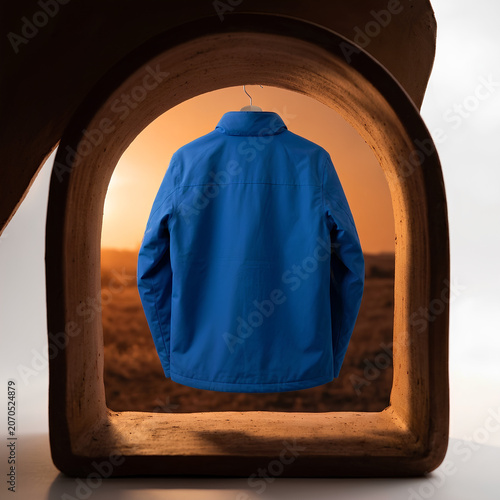 Blue Jacket Displayed in Fireplace Frame at Sunset.