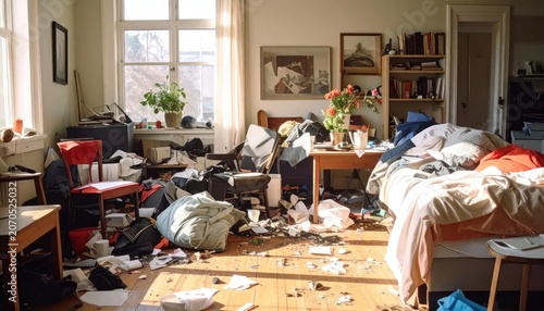 Extremely cluttered and messy bedroom filled with trash and laundry.