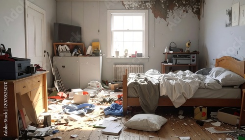 Extremely messy bedroom with trash and unmade bed.