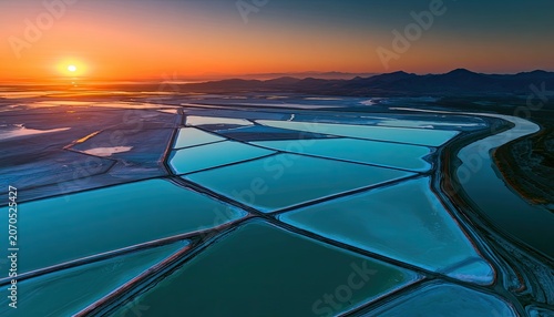 Aerial sunrise over turquoise salt evaporation ponds and winding river