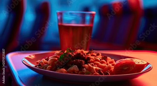 A meal served on a tray table with a drink, in a dimly lit, colorful environment