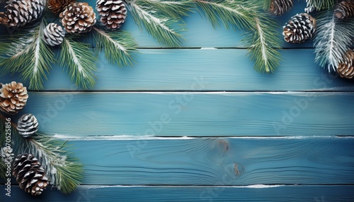 Snowy Pine Branches And Pinecones Border On Blue Textured Wood Floor Background Minimalist Winter Topview Painting