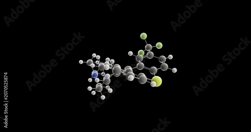 Flupentixol molecule, rotating 3D model of typical antipsychotic, looped video on a black background
