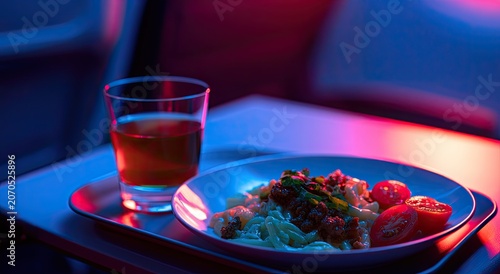 Airplane meal with pasta, tomatoes, and drink under moody cabin lights