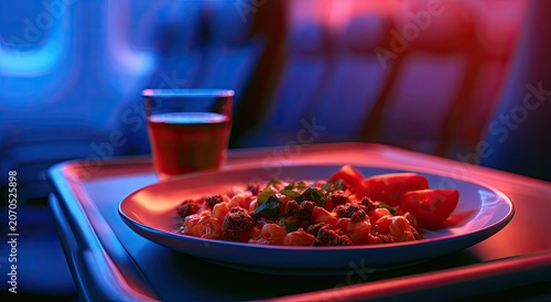 A meal is served on a tray table with a drink, bathed in atmospheric cabin lighting