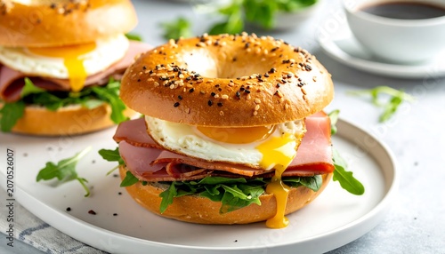 Bagel with egg and ham.