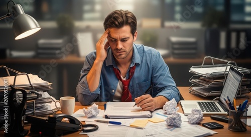 Stressed businessman in blue shirt rubbing temples at cluttered desk with laptop and papers