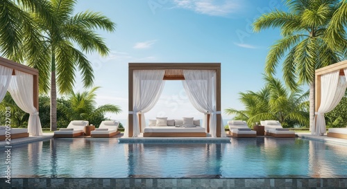 Tropical poolside cabana with two white sun loungers and palm trees swimming pool white cushions