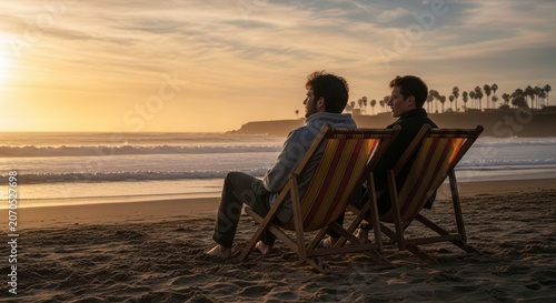 Two people sitting in brown wicker beach chairs watching sunset on sandy beach brown wicker chairs