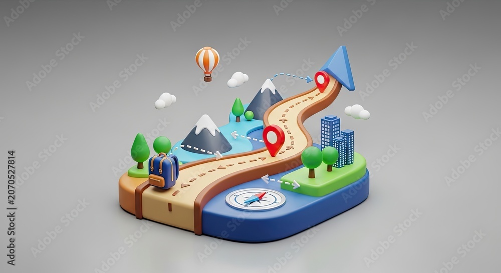 Naklejka premium A colorful cartoon map with a backpack, a hot air balloon, and a paper airplane on a road leading to a city with buildings and clouds in the background.