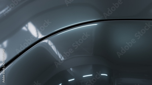 Abstract luxury dark grey metallic car surface with elegant curves. Premium glossy automotive paint coating shows smooth mirror reflection of lights. Futuristic high-end vehicle details. 3d render