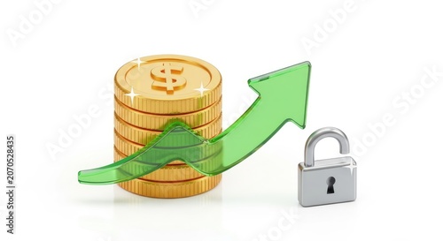Stack of gold coins with a green upward arrow and a padlock on a white background.