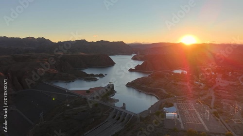 Aerial view of Los Reyunos dam and hydroelectric power plant at sunset, Mendoza, Argentina