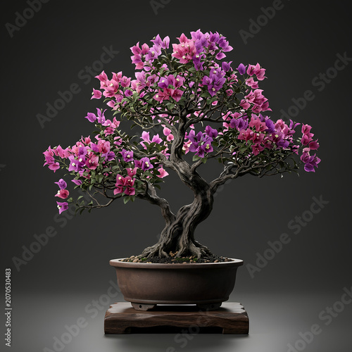 Bonsai Pink Flowering Tree In Ceramic Pot On Wooden Stand Against Dark Background.