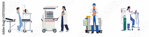 Set of flat vector illustrations featuring medical professionals working with hospital equipment, including doctors, nurses, monitors, and medical carts on a white background.
