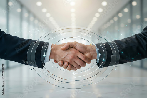 Close Up of Businessmen Handshake with Digital Tech Circle Overlay Interface inside Office, Corporate Trust, Technology Partnership and Smart Contract