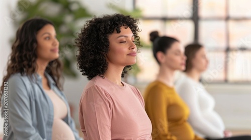 Capturing a moment of profound peace four diverse pregnant women engage in a shared meditation session within a serene light filled studio