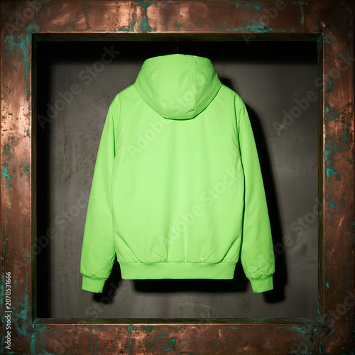 Bright Green Hoodie Displayed on Wall Mounting.