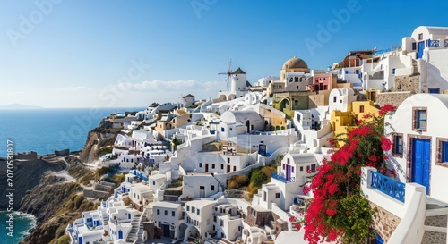 Whitewashed greek village with blue domes perched on steep cliffside overlooking sea cliffside village