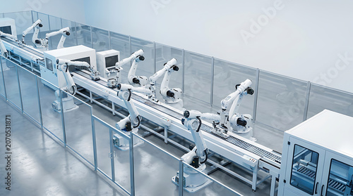 Automated robotic arms working on a conveyor belt assembly line in a modern clean high tech factory manufacturing facility