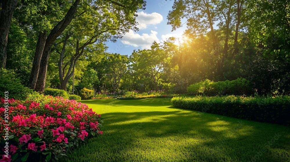 Obraz premium Lush garden landscape with sunlight and vibrant rhododendron blooms