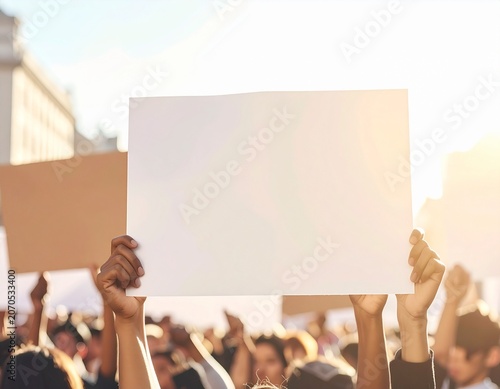 Blank Protest Placard Held Above Crowd at Outdoor Demonstration