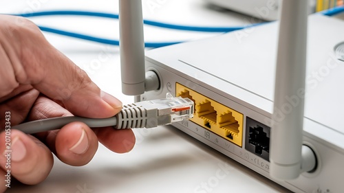 Hand plugging Ethernet cable into router, network connection, internet setup, technology
