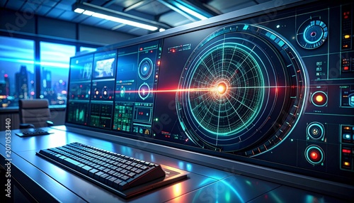 Futuristic Radar Interface with Glowing Circular Control Panel