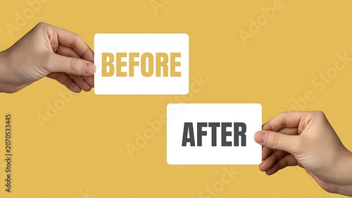Transformation concept, before and after, change management, business process improvement, hands holding cards