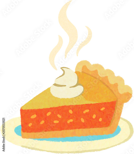 Slice of hot pumpkin pie with whipped cream on top, textured digital illustration.