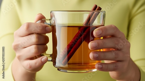 Warm cinnamon tea in glass mug, hands holding, cozy drink, autumnal beverage