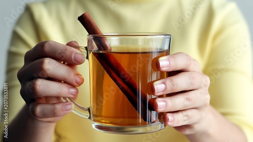 Warm apple cider, glass mug, cinnamon stick, cozy drink, autumnal beverage