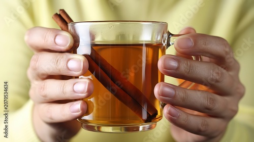 Warm cinnamon tea in glass cup, hands holding, cozy drink