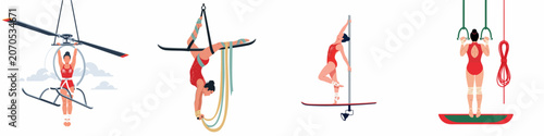 Tablou pe pânză Set of flat illustrations featuring female acrobats performing creative aerial and balance acts using skis, poles, and gymnastic rings