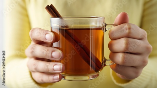 Warm cinnamon tea in glass mug, hands holding, cozy winter drink, comfort food, hot beverage