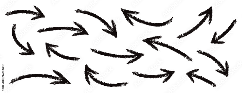 Fototapeta premium Various bold brush drawn curved arrows. Collection doodle marker thick arrows in different directions. Hand drawn vector direction pointers. Curved and wavy brush strokes with scratches. 