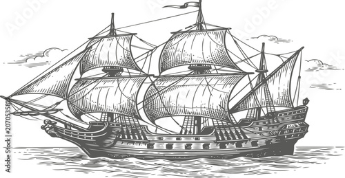 Vintage engraving of a sailing ship, a galleon or caravel on the sea, hand drawn vector illustration