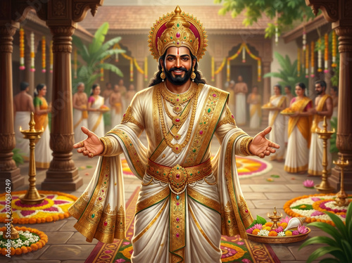 King Mahabali Extending Traditional Welcome During Onam Festival Celebration Representing Kerala Folklore, Prosperity and Cultural Heritage Traditions