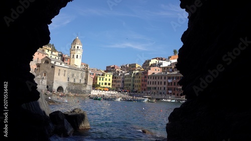 Europe, Italy , Liguria, Vernazza in  Cinque Terre in the province of La Spezia -  ,  tourist destination and attraction, famous for   walk of love - overtourism during summer - dark cave and colorful