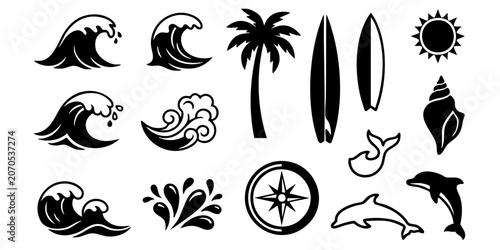 Photography Black icons of ocean waves, dolphins, palm trees, and surfboards on white